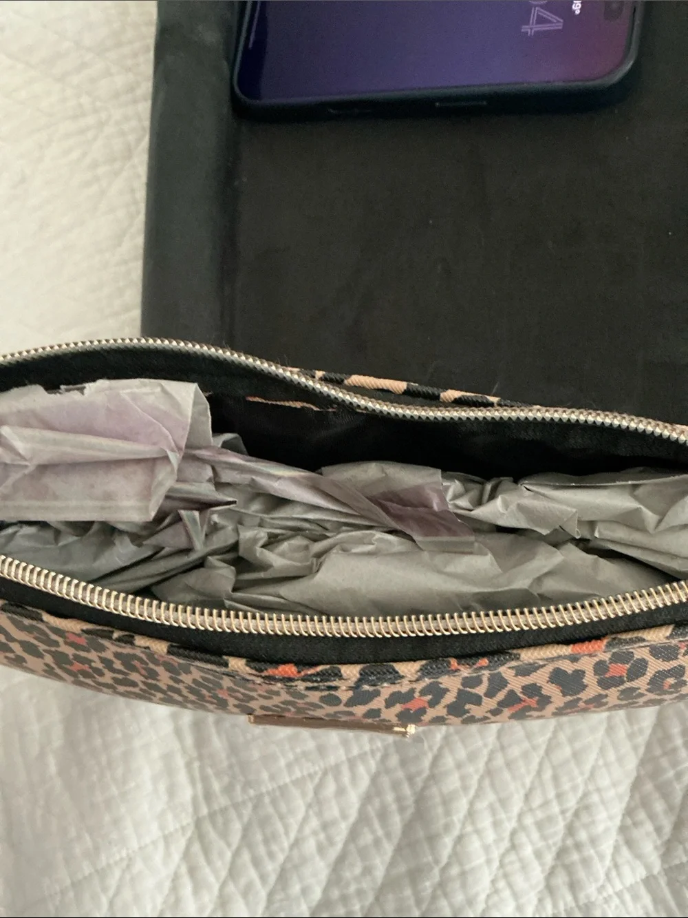 bebe Leopard Print Cosmetic Pouch in Tan, Black and Coral
